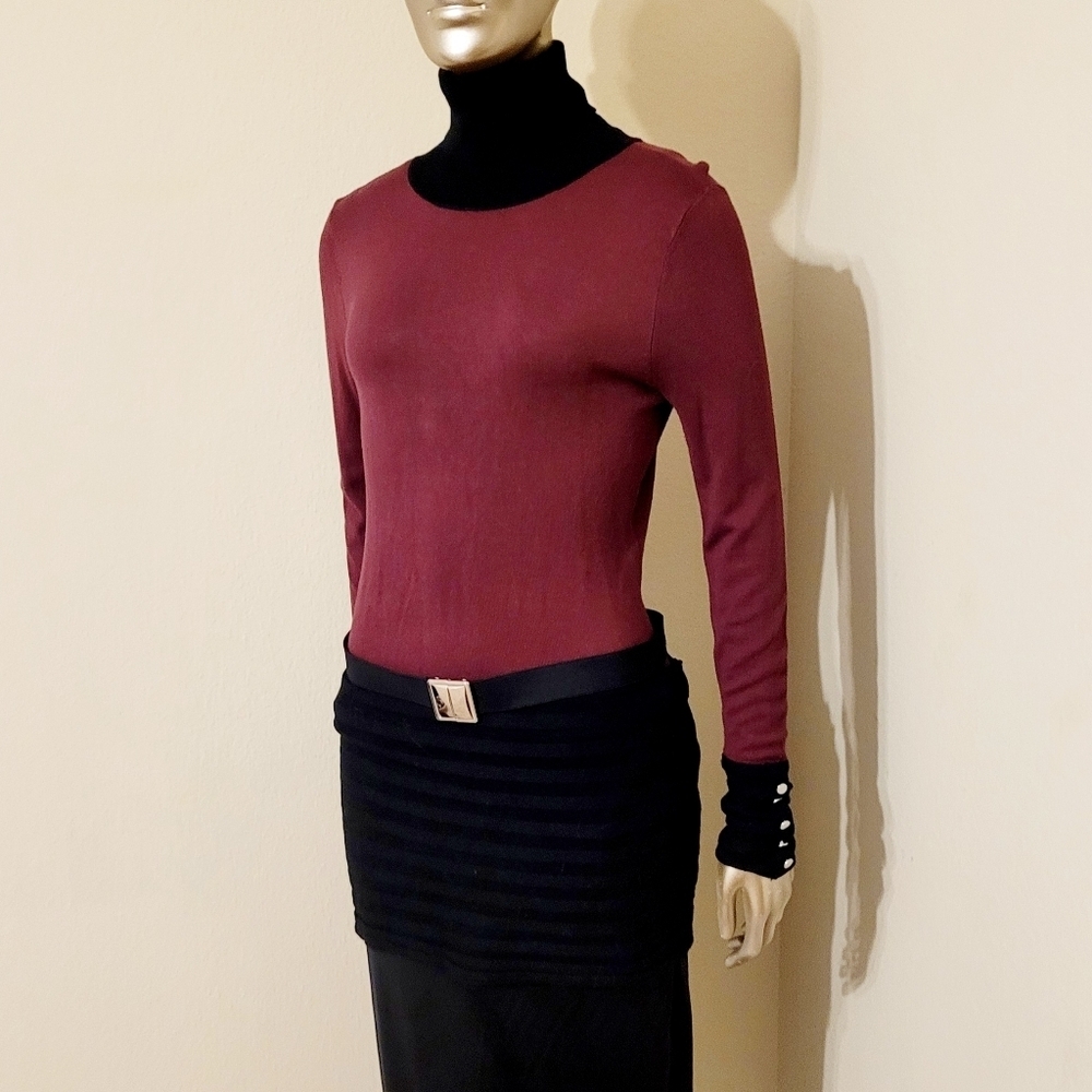 NWOT VENUS Colorblock Sophisticated High Neck Long Belted Sweater Top Sz M - Picture 4 of 12
